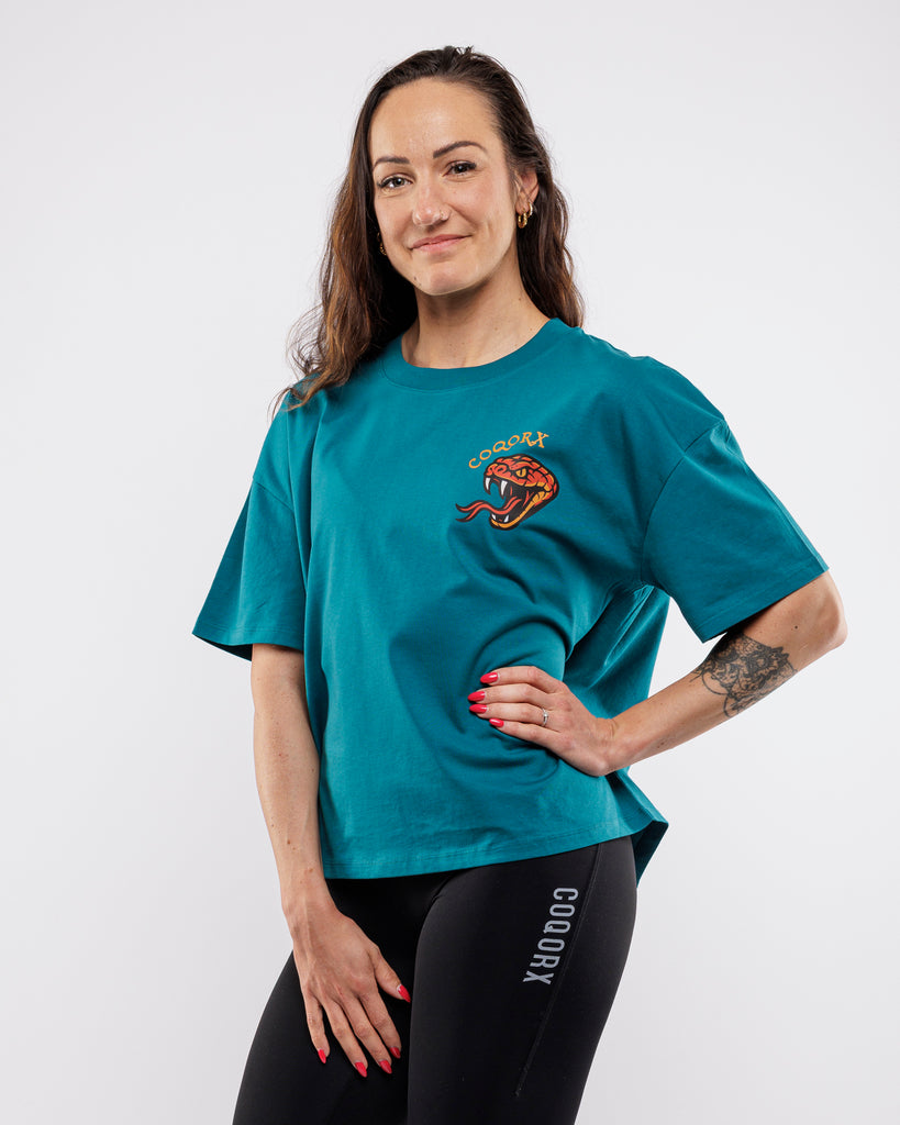T-shirt crop oversize femme – COQORX VIPER – coloris bleu canard – look training et lifestyle