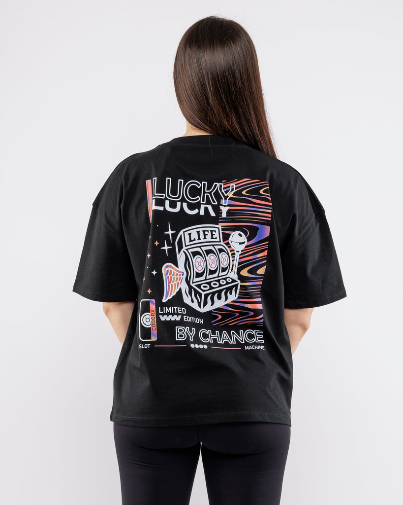  Crop top oversize femme COQORX – dos avec visuel machine à sous "LUCKY LIFE" – style casino graphique